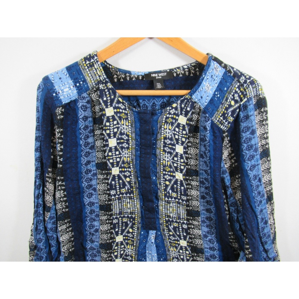 Nine West Popover Blouse Women 2XL Blue Roll Tab Long Sleeve Boho - Picture 2 of 7